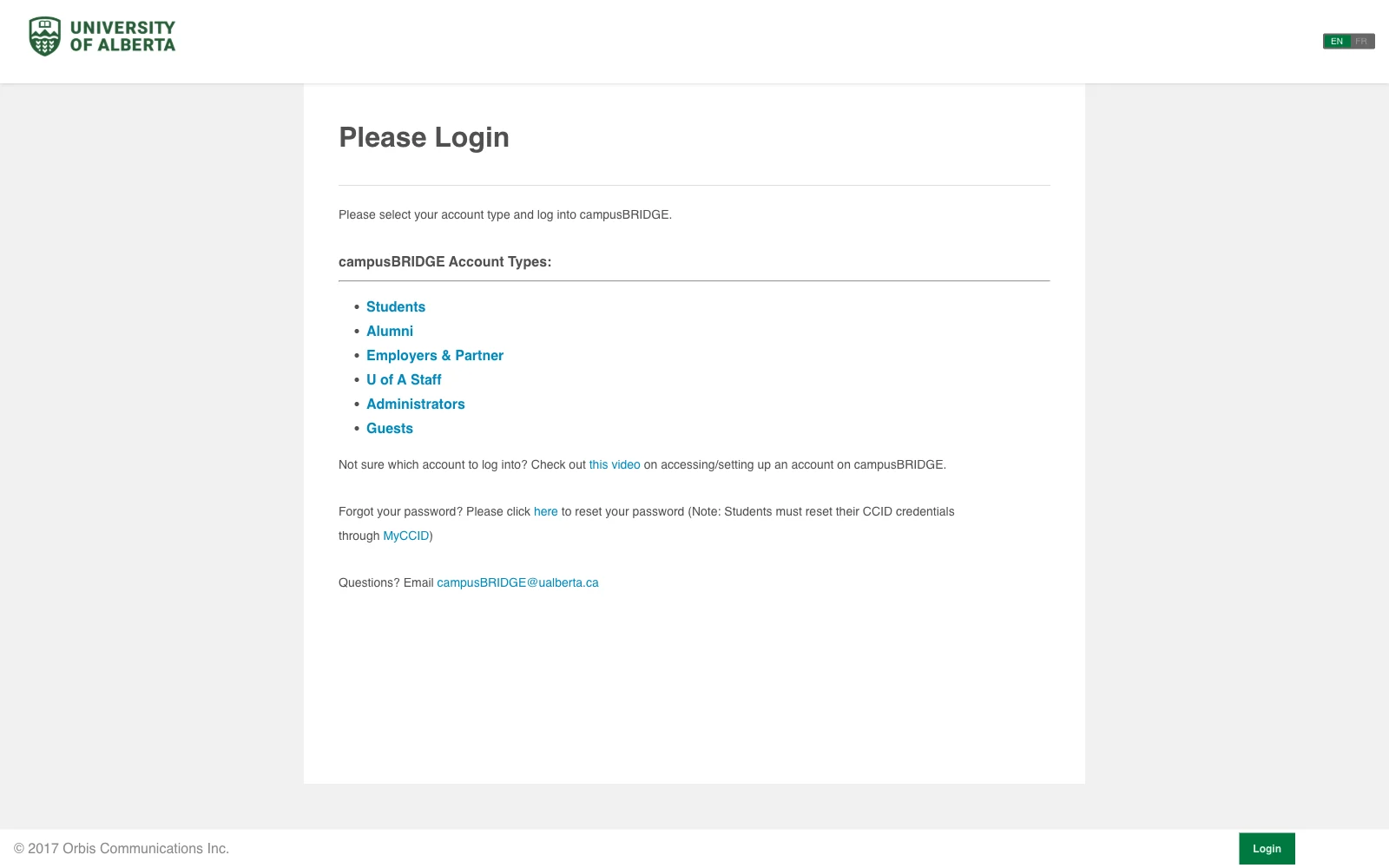 The campusBRIDGE login page listing account types, with Students at the top of the list.