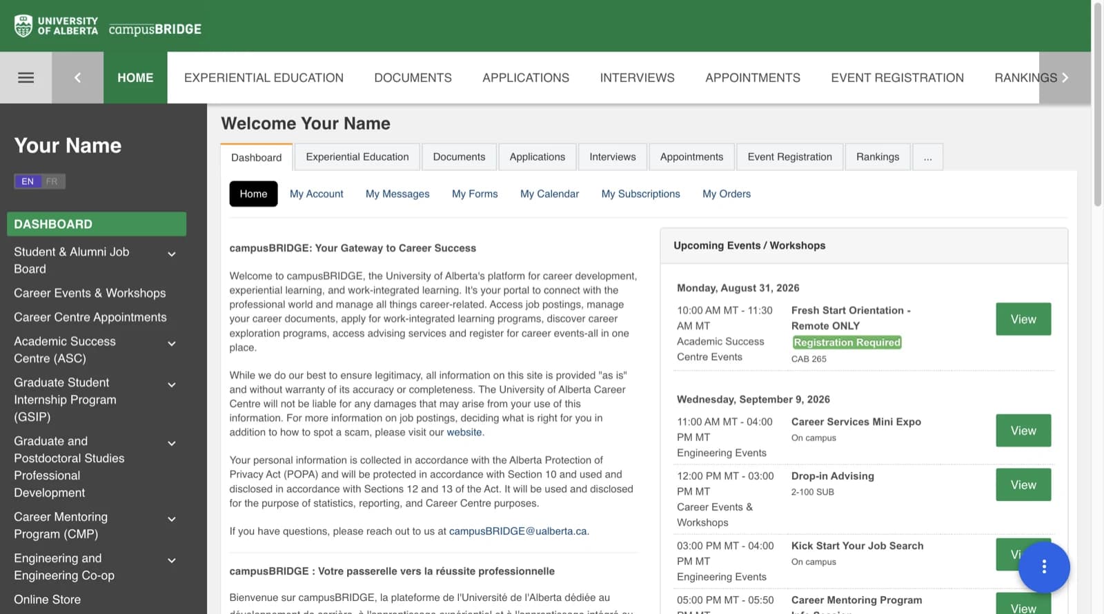 The campusBRIDGE dashboard, with the left sidebar showing Student and Alumni Job Board and the GSIP section.