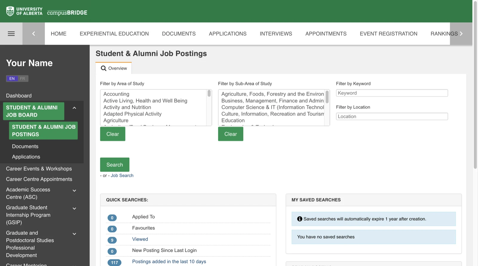 The Student and Alumni Job Postings overview showing the Area of Study, Sub-Area, Keyword and Location filters with the Quick Searches panel below.