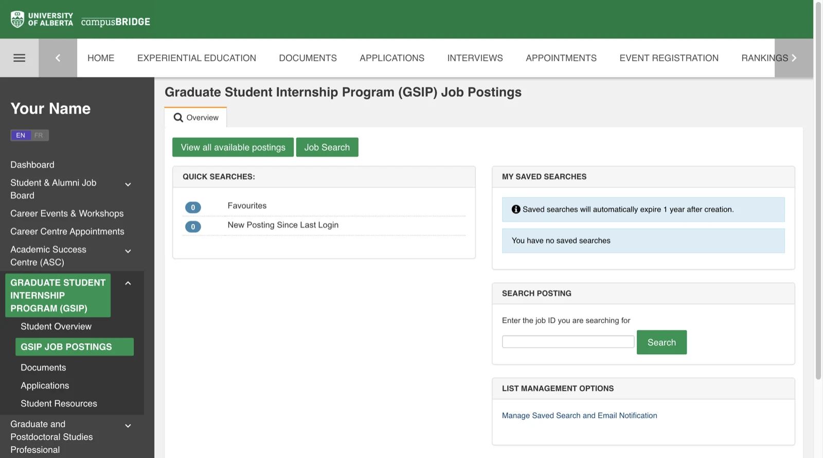 The GSIP Job Postings page with View all available postings and Job Search buttons.