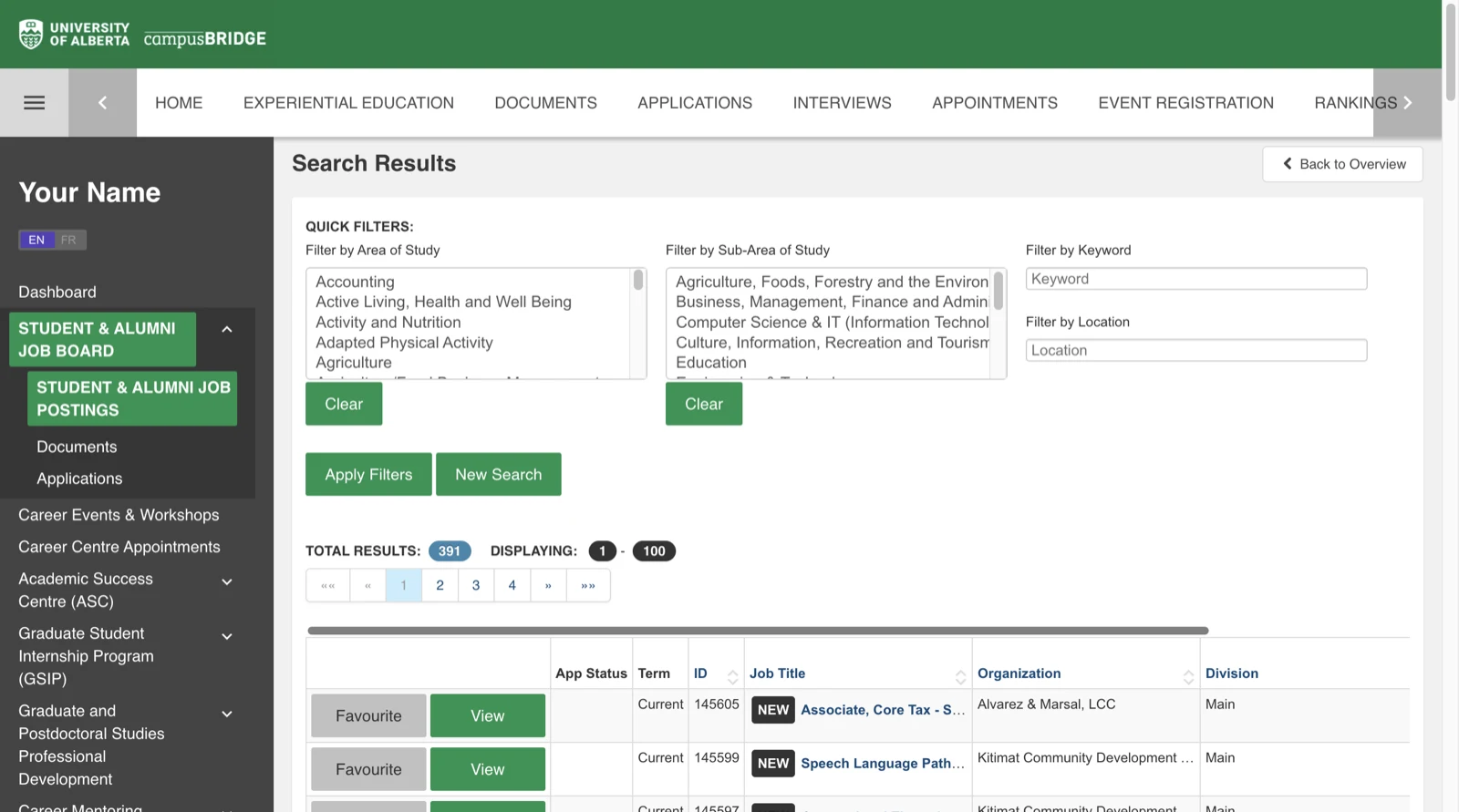 A campusBRIDGE search results table showing job titles, organizations and View buttons, with quick filters above.