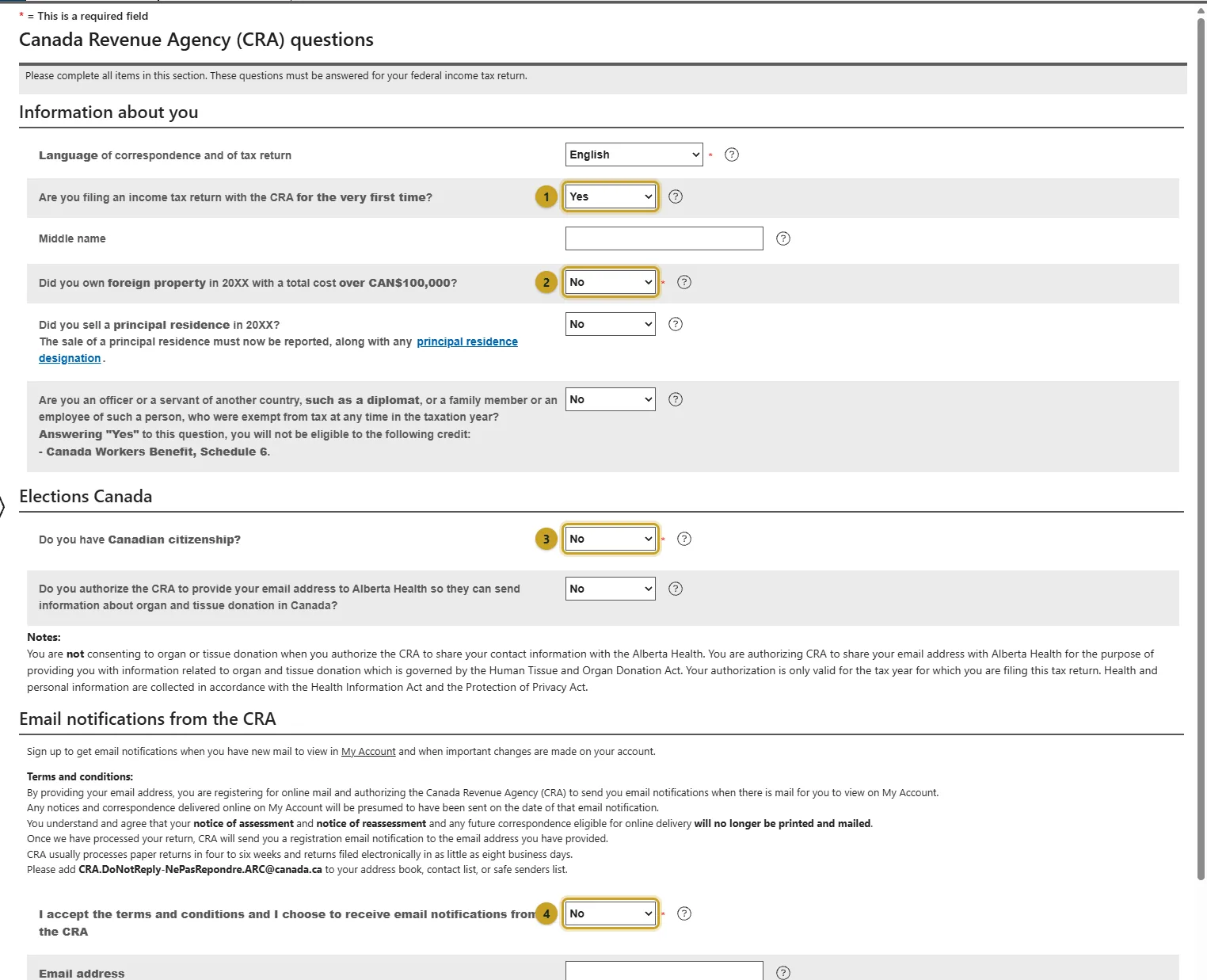 The CRA questions page with first-time filing, foreign property, citizenship and email notification questions marked 1 to 4.