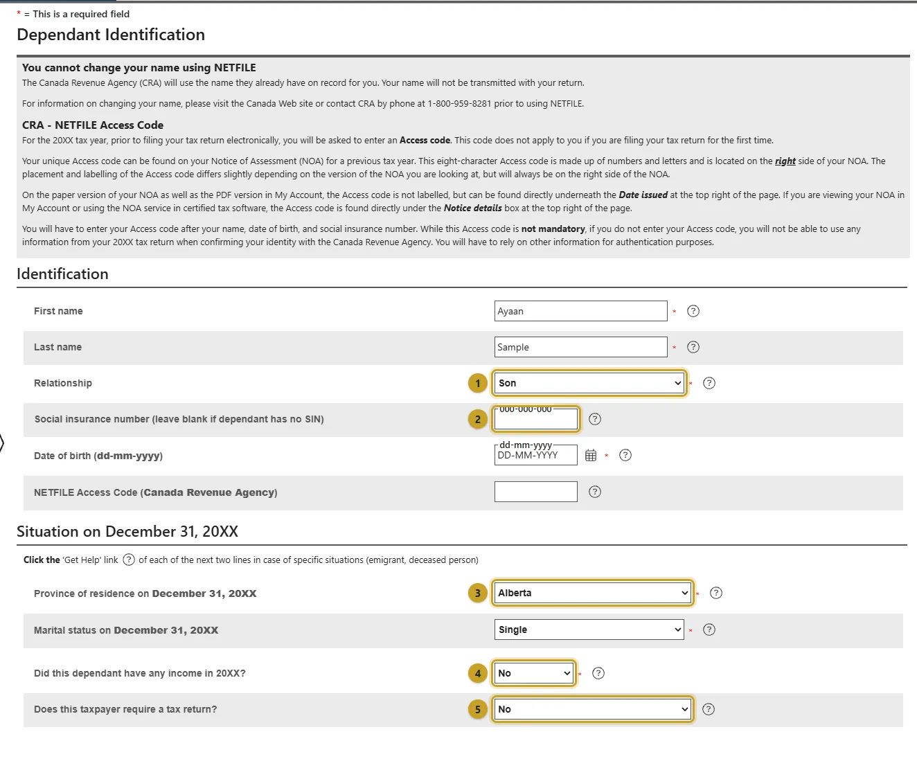 The Dependant Identification page with relationship, SIN, province, income and tax return questions marked 1 to 5.