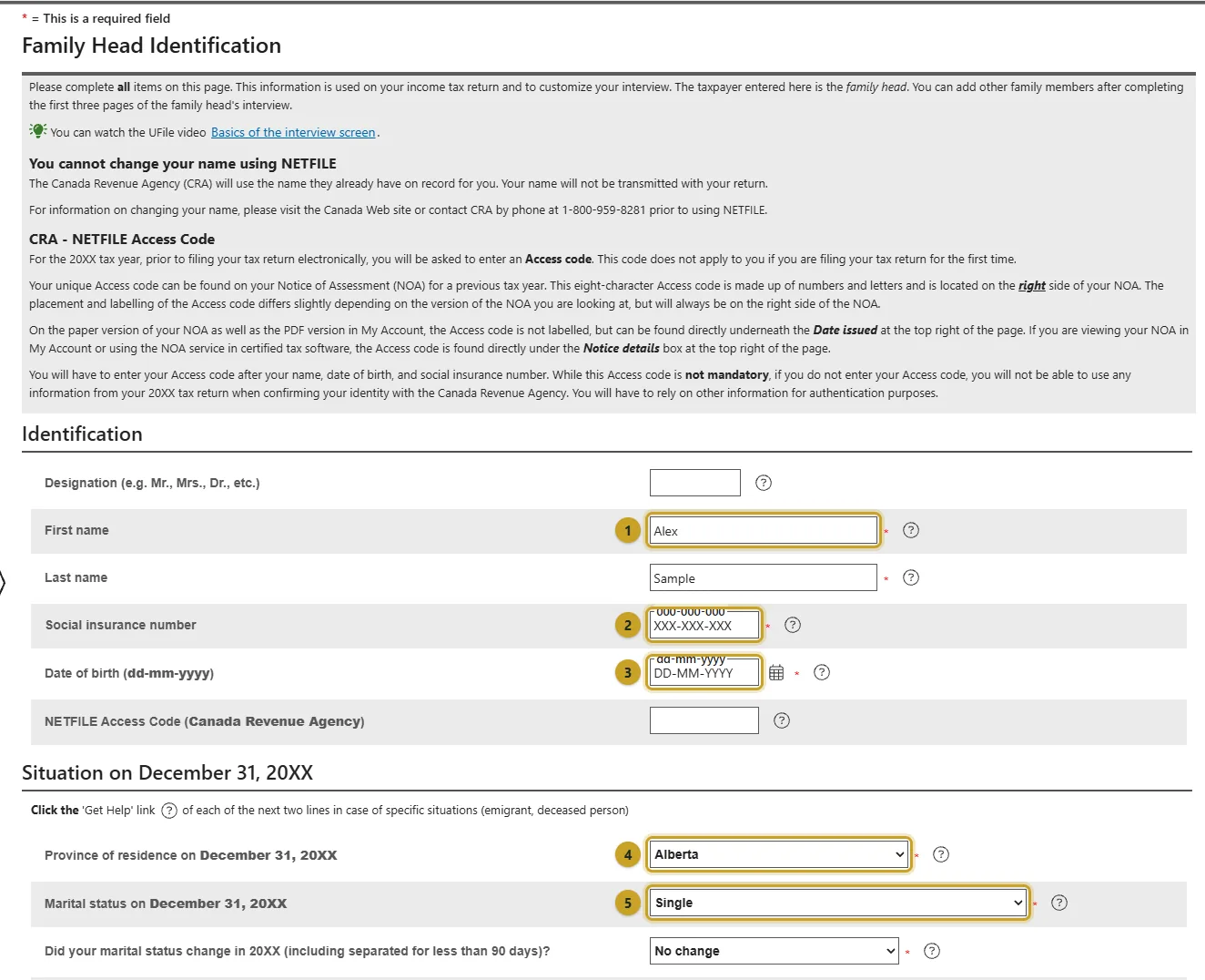 The Identification page with name, SIN, date of birth, province of residence and marital status marked 1 to 5.