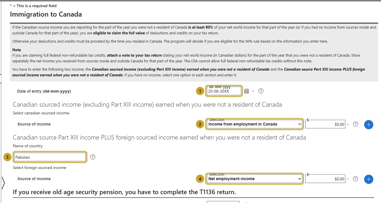 The Immigration to Canada page with date of entry, Canadian-source income, country and foreign income marked 1 to 4.