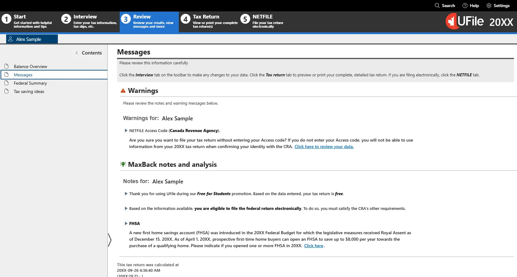 The Review stage Messages page with warnings and the notes that the return is free and eligible for NETFILE.
