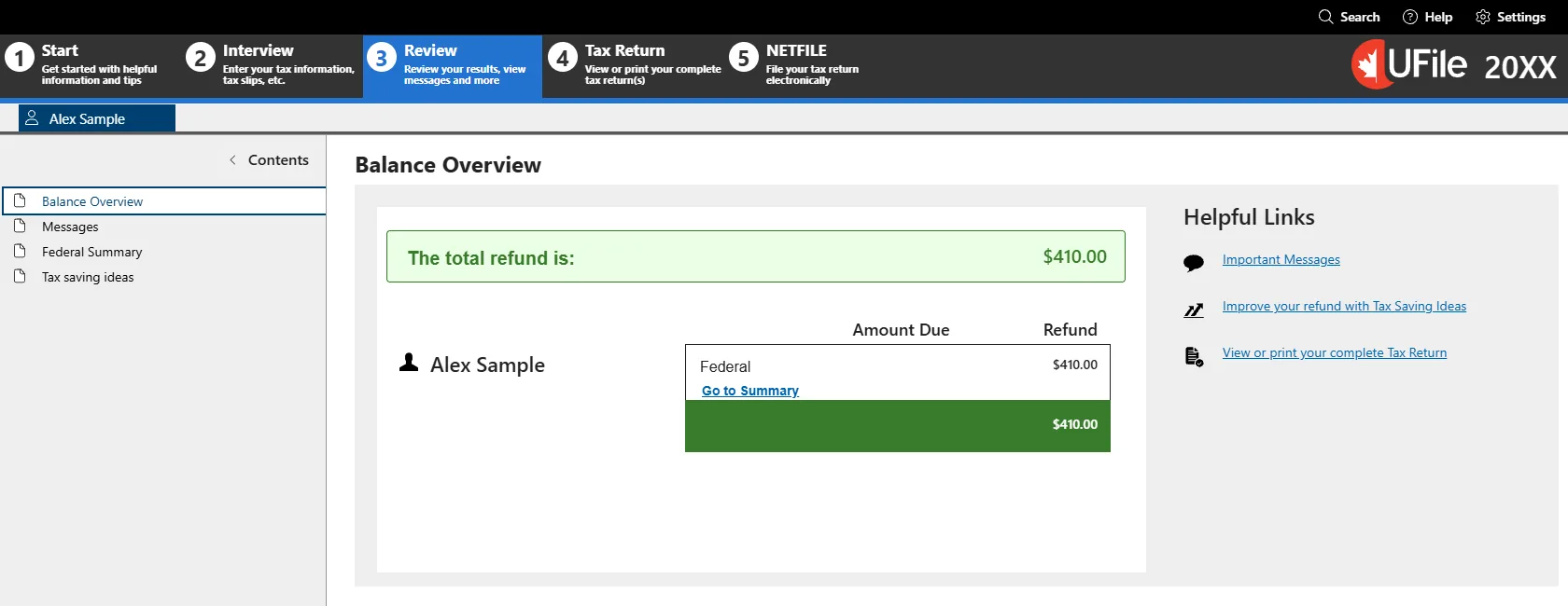 The Review stage Balance Overview showing a total refund.