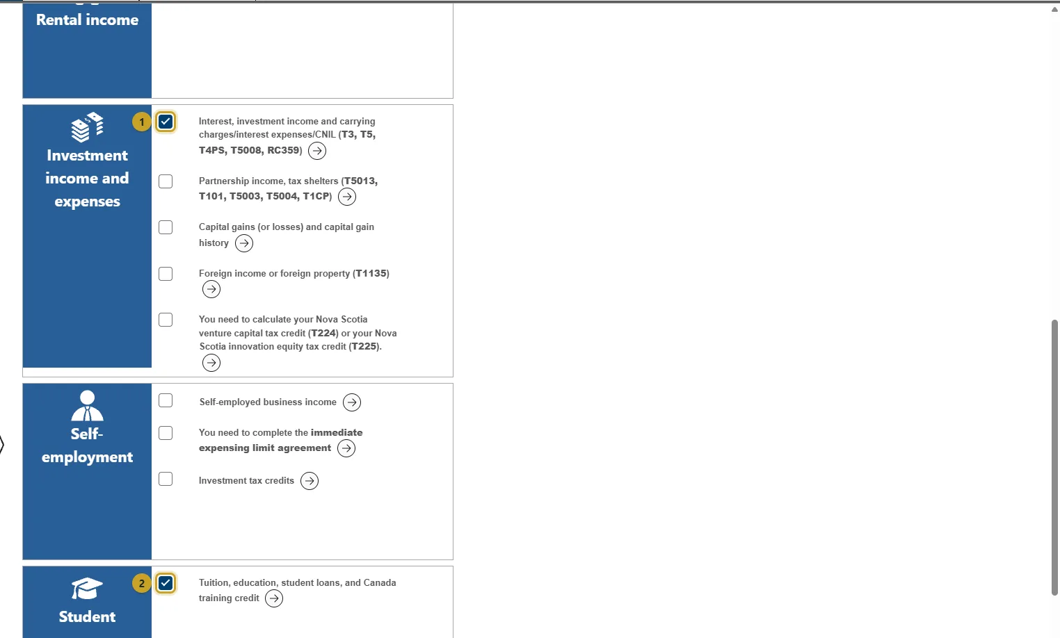 Interview setup, lower half, with Interest and investment income and Tuition ticked and marked 1 and 2.