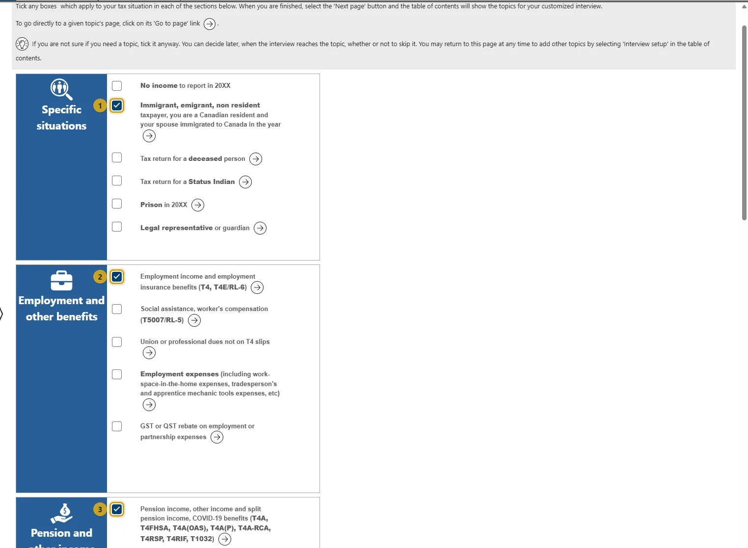 Interview setup, top half, with Immigrant, Employment income and Pension income (T4A) ticked and marked 1 to 3.