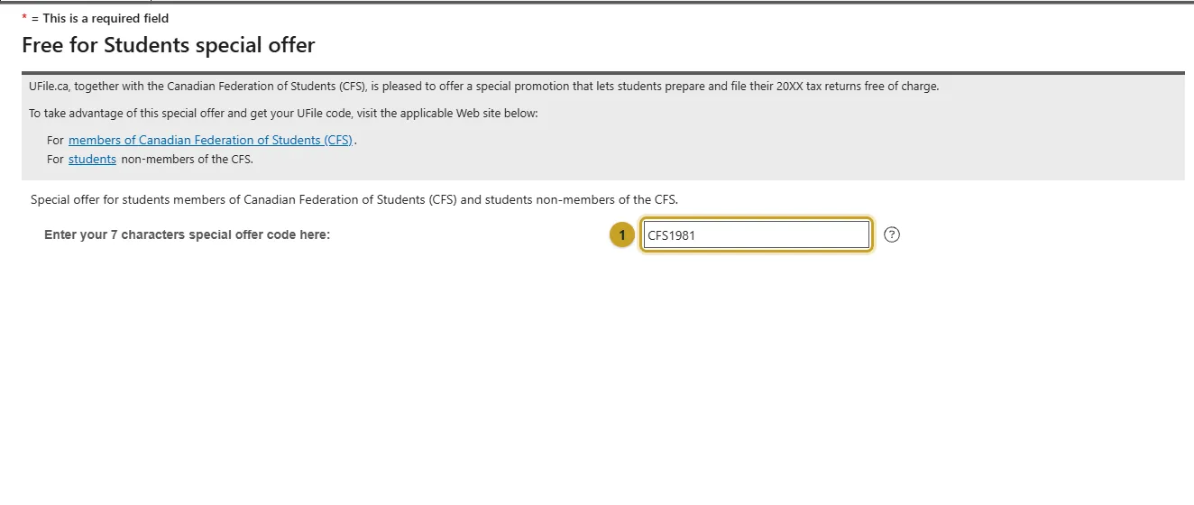 The Free for Students special offer page with the code field marked 1.