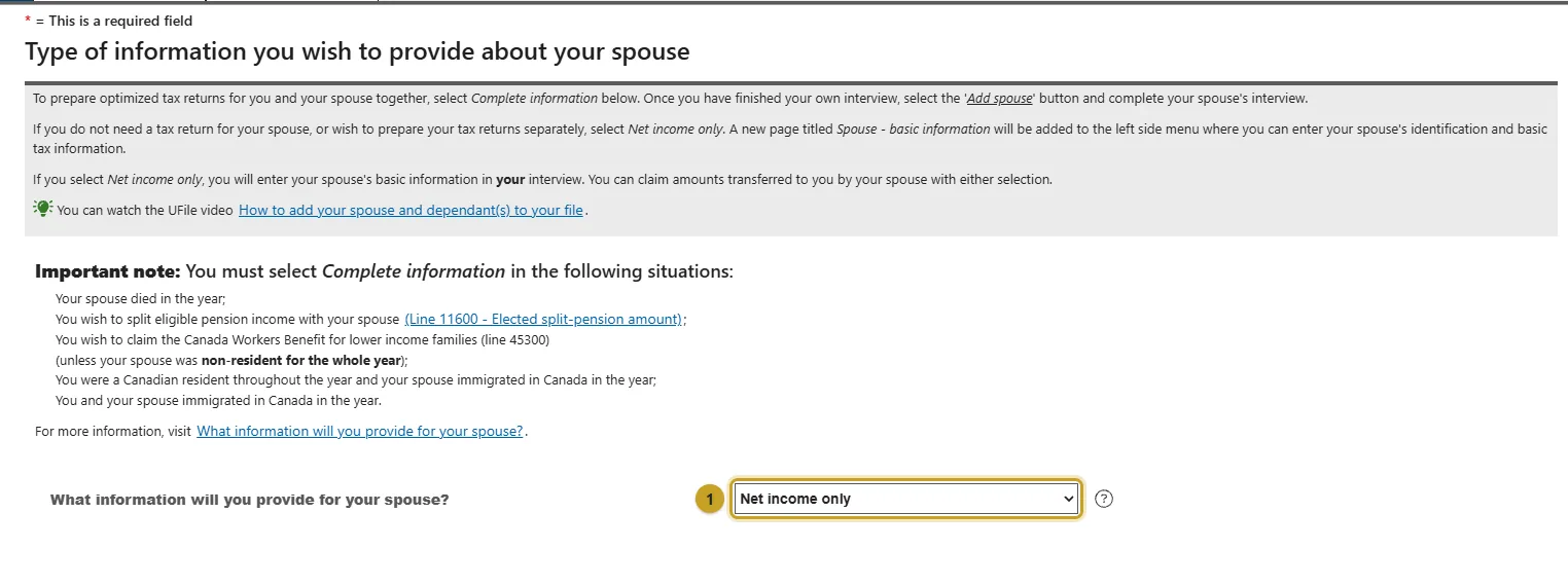 The Spouse interview type page with the Net income only choice marked 1.