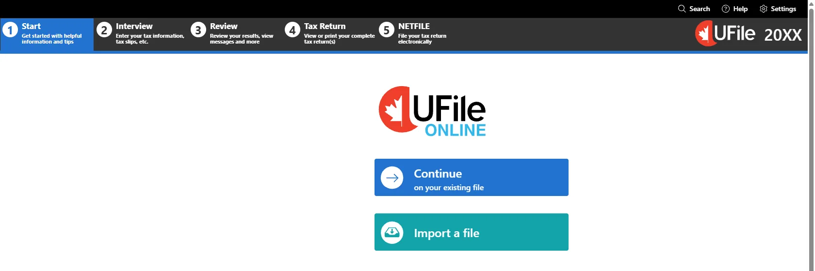 The UFile ONLINE start screen with the five stages across the top and the Start Now button.