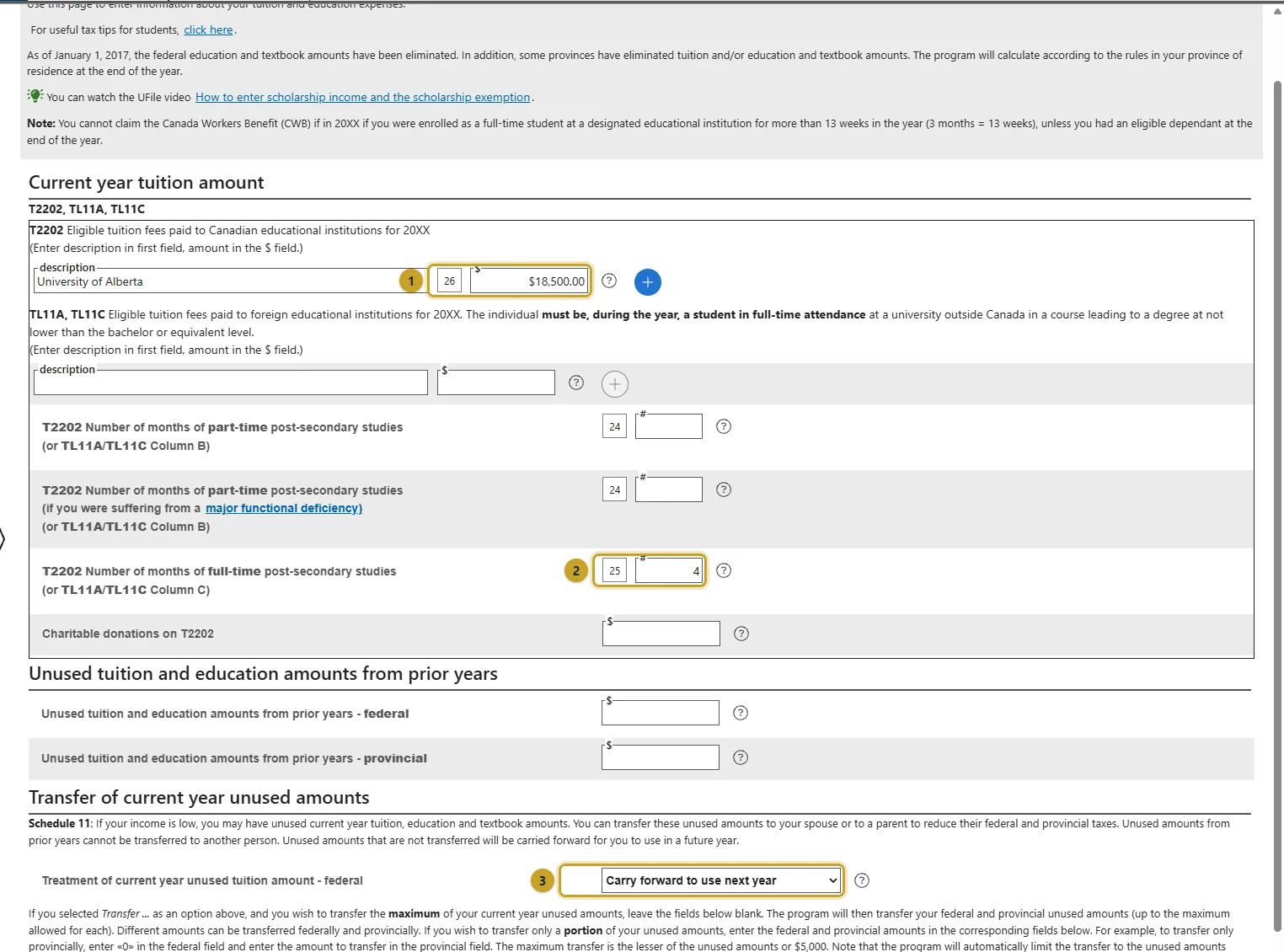 The T2202 page with box 26 tuition, box 25 full-time months and the carry-forward choice marked 1 to 3.