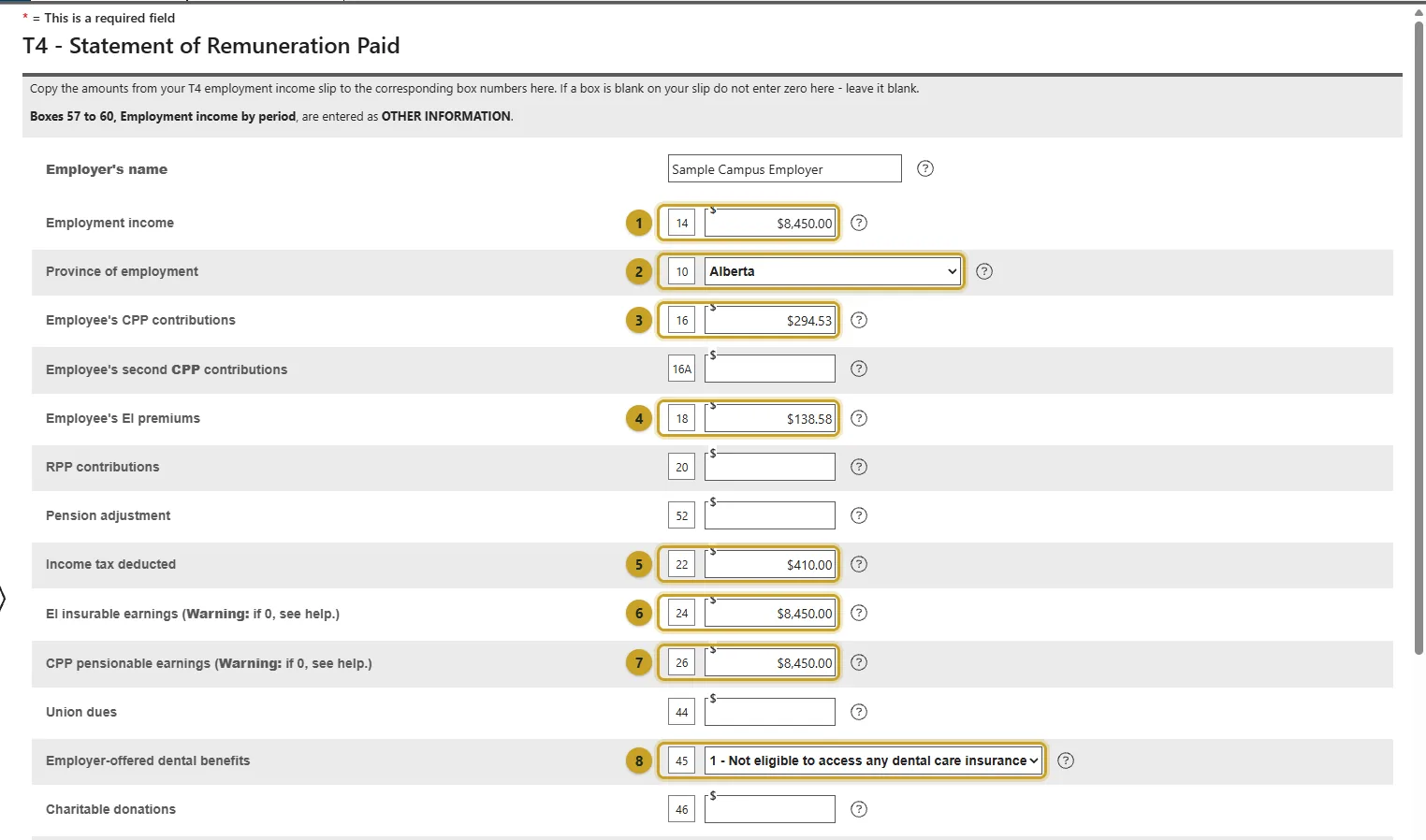 The T4 page with boxes 14, 10, 16, 18, 22, 24, 26 and 45 marked 1 to 8.