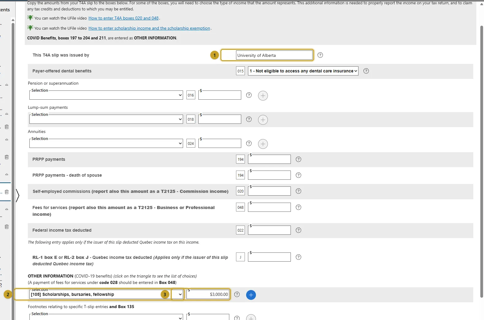 The T4A page with the issuer and the box 105 scholarship selection and amount marked 1 to 3.