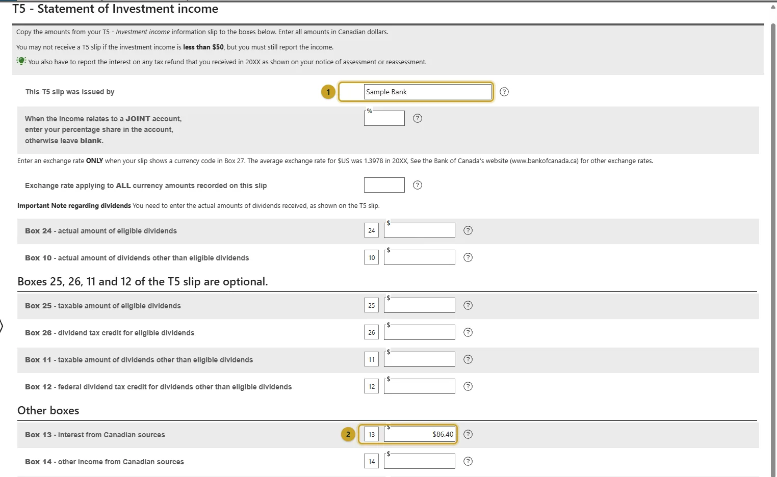 The T5 page with the issuer's name and box 13 interest marked 1 and 2.